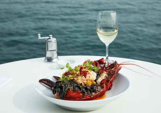 Lobster with house made squid ink spaghetti at Catalina Rose Bay, Sydney East