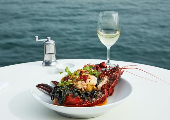 Lobster with house made squid ink spaghetti at Catalina Rose Bay, Sydney East