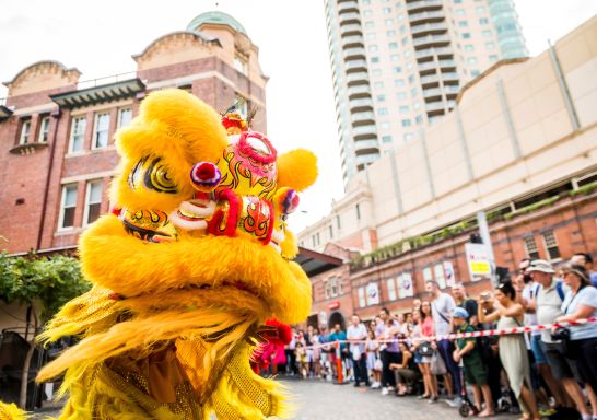 Lion dancer performing in Chinatown, Sydney during Chinese New Year