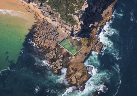 Aerial overlooking North Curl Curl Rockpool in Northern Beaches, Sydney North