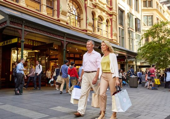 Couple shopping in Sydney's Pitt Street Mall, Sydney City