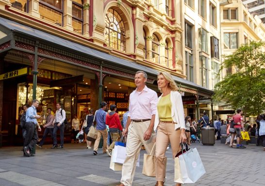 Couple shopping in Sydney's Pitt Street Mall, Sydney City