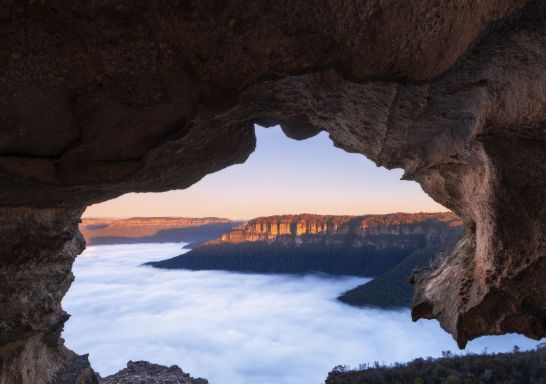 Morning fog over Blue Mountains National Park as seen from Lincolns Rock in Wentworth Falls