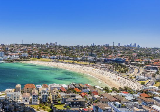 Aerial shot of Bondi Beach in Bondi , Sydney East