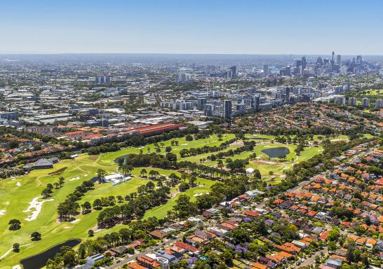 Aerial view of The Australian Golf Club looking out towards the CBD, Eastlakes